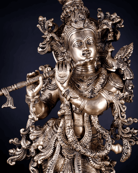 Brassaura® Lord Krishna Brass Idol on Lotus Base | Pure Brass with Matte Finish | Handcrafted Krishna Murti for Home Temple, Pooja Room, Living Room Décor & Spiritual Gifting | Height 27 Inches | Weight 20 Kg