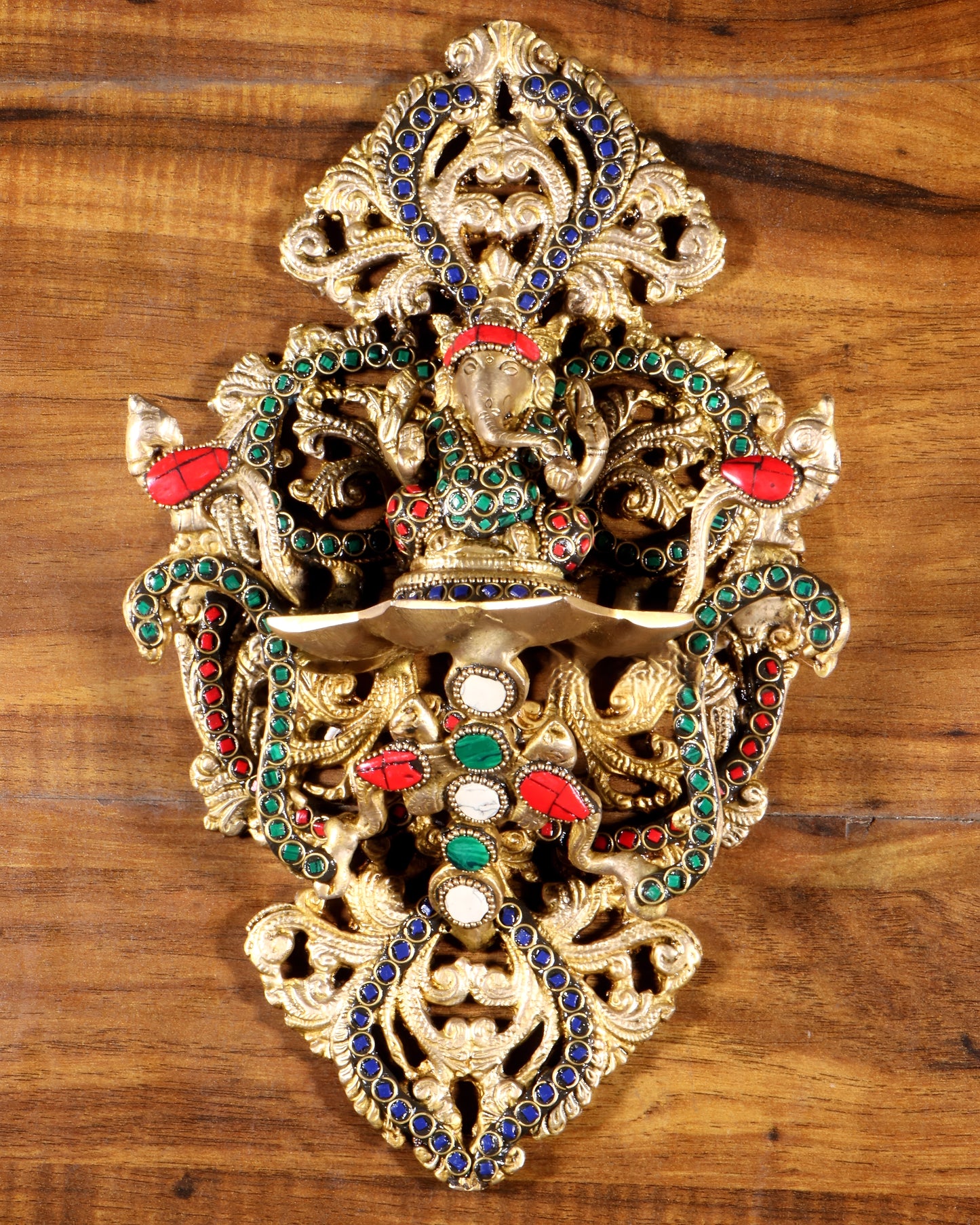 Brassaura™ Pure Brass Ganesha Wall Diya with Colorful Stonework | Handcrafted Festive Decor | Weight 2 Kgs | Height 13 Inches