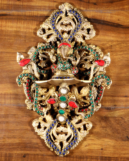 Brassaura™ Pure Brass Ganesha Wall Diya with Colorful Stonework | Handcrafted Festive Decor | Weight 2 Kgs | Height 13 Inches