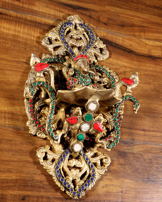 Brassaura™ Pure Brass Ganesha Wall Diya with Colorful Stonework | Handcrafted Festive Decor | Weight 2 Kgs | Height 13 Inches