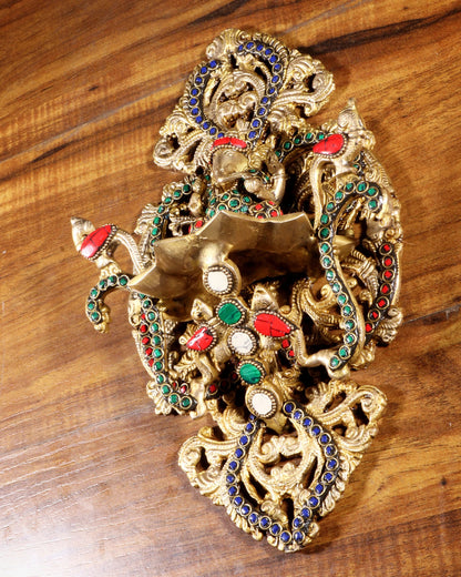 Brassaura™ Pure Brass Ganesha Wall Diya with Colorful Stonework | Handcrafted Festive Decor | Weight 2 Kgs | Height 13 Inches