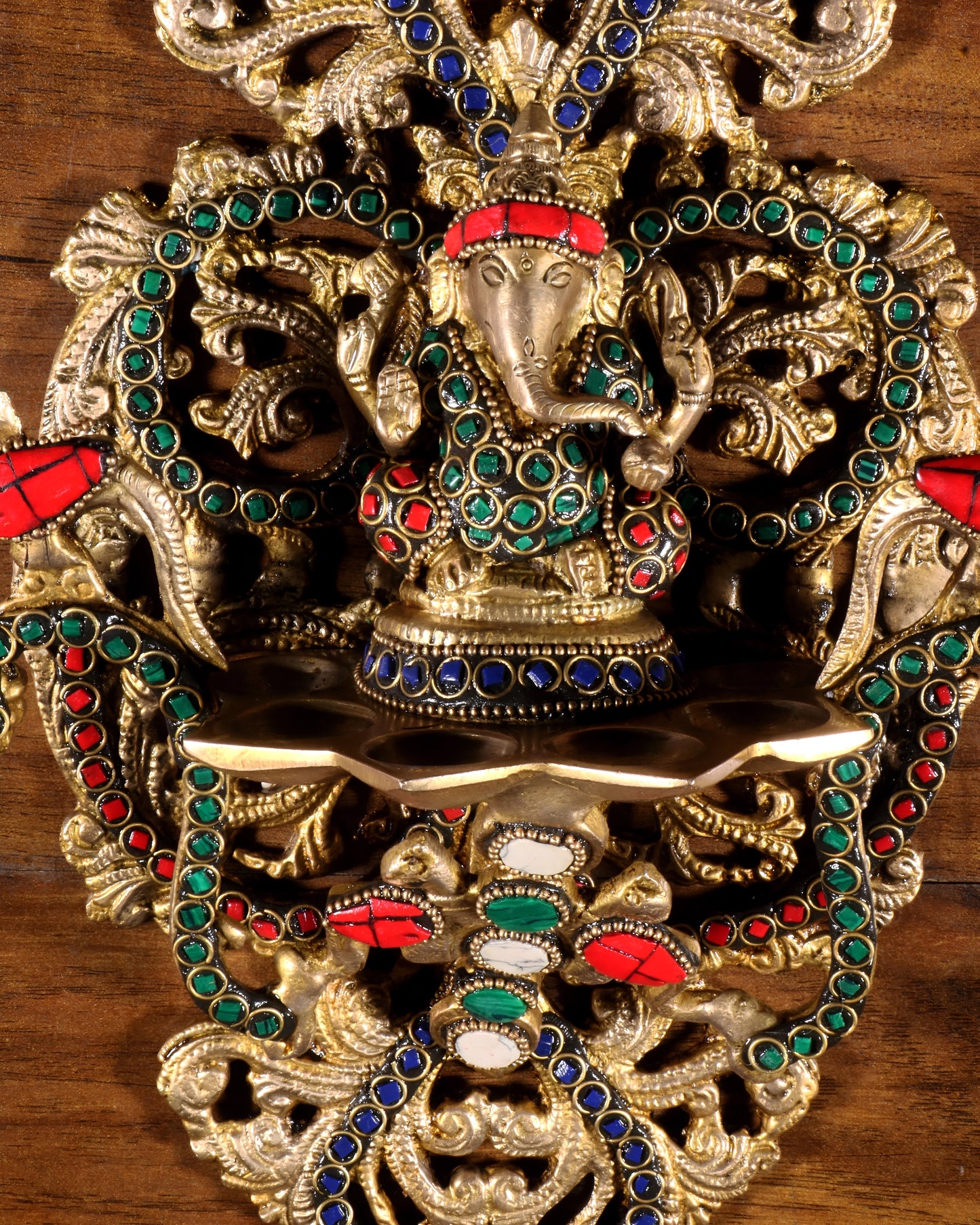 Brassaura™ Pure Brass Ganesha Wall Diya with Colorful Stonework | Handcrafted Festive Decor | Weight 2 Kgs | Height 13 Inches