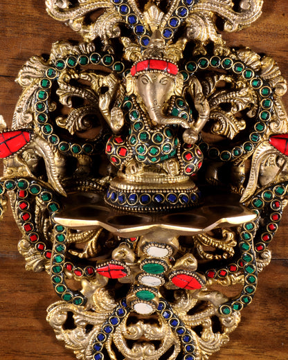 Brassaura™ Pure Brass Ganesha Wall Diya with Colorful Stonework | Handcrafted Festive Decor | Weight 2 Kgs | Height 13 Inches