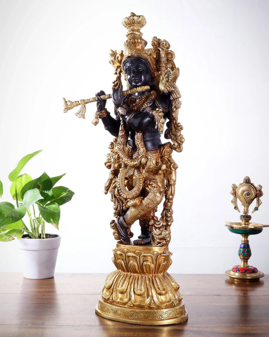 Brassaura™ Lord Krishna Brass Statue | Pure Brass with Black & Golden Finish | Height 21 Inches & Weight 10 Kgs