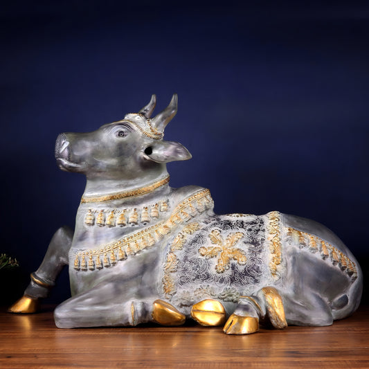 Brassaura™ Brass Antique Large Nandi Sculpture with Rustic Stone Patina | Handcrafted Traditional Décor | Weight 30 Kgs | Height 21.5 Inches