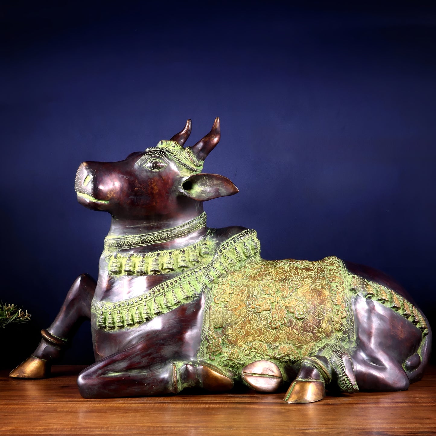 Brassaura™ Brass Antique Large Nandi Sculpture with Copper & Green Sand Tone | Handcrafted Traditional Décor | Weight 30 Kgs | Height 21.5 Inches