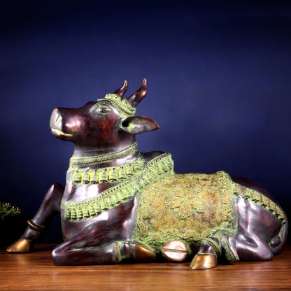 Brassaura™ Brass Antique Large Nandi Sculpture with Copper & Green Sand Tone | Handcrafted Traditional Décor | Weight 30 Kgs | Height 21.5 Inches