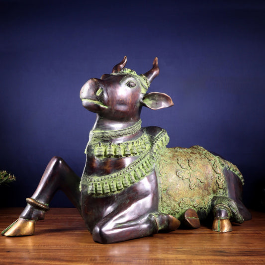 Brassaura® Brass Antique Large Nandi Sculpture with Copper & Green Sand Tone | Handcrafted Traditional Décor | Weight 30 Kgs | Height 21.5 Inches