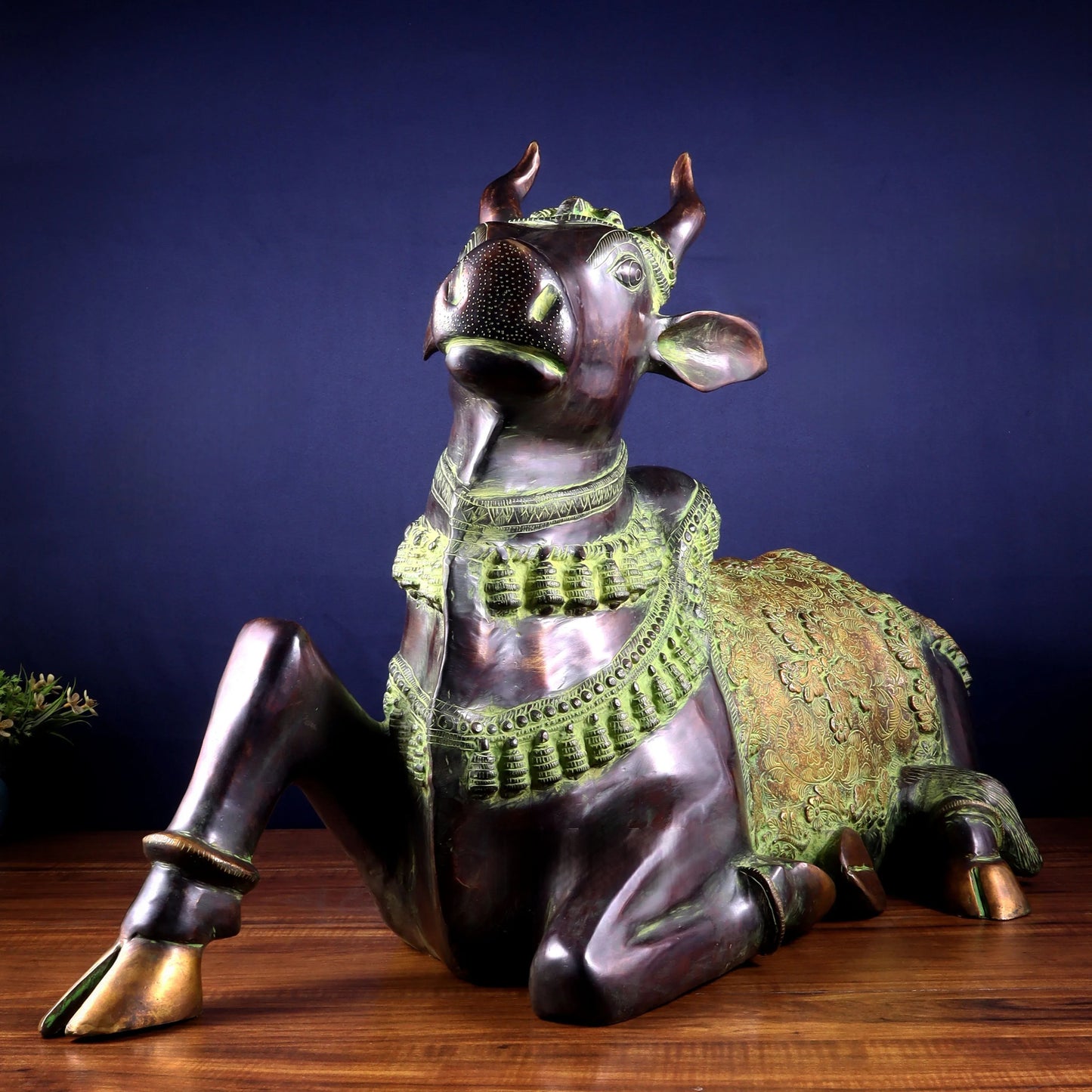 Brassaura™ Brass Antique Large Nandi Sculpture with Copper & Green Sand Tone | Handcrafted Traditional Décor | Weight 30 Kgs | Height 21.5 Inches