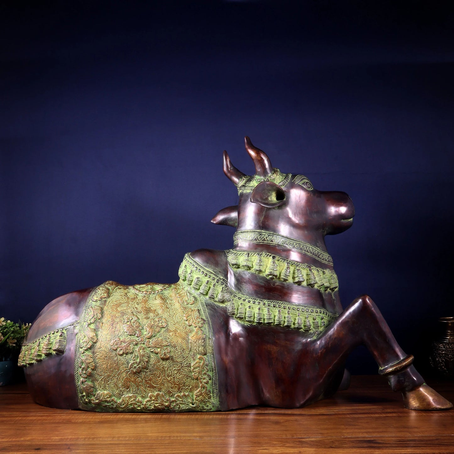 Brassaura™ Brass Antique Large Nandi Sculpture with Copper & Green Sand Tone | Handcrafted Traditional Décor | Weight 30 Kgs | Height 21.5 Inches