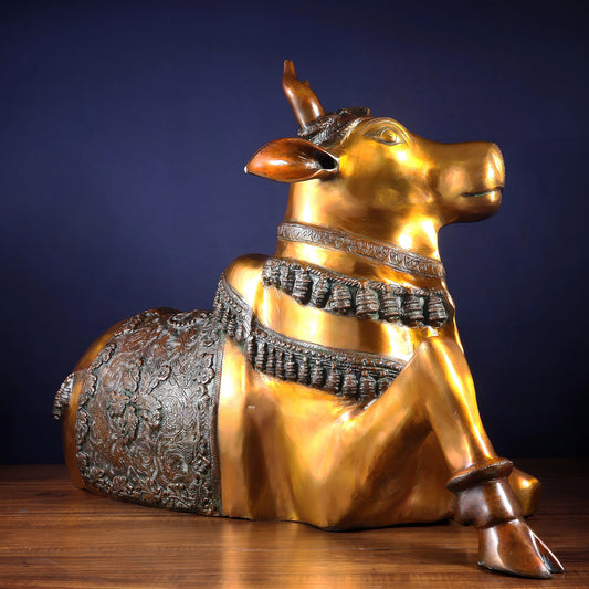 Brassaura® Brass Antique Large Nandi Sculpture with Gold & Copper Tone | Handcrafted Traditional Décor | Weight 30 Kgs | Height 21.5 Inches