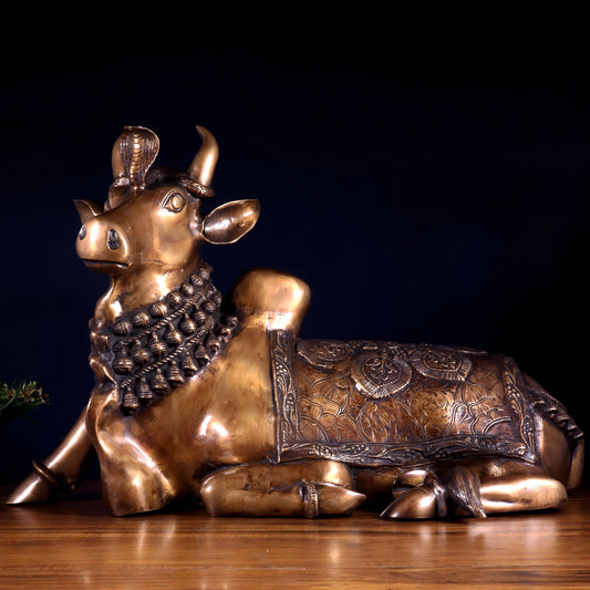 Brassaura® Pure Brass Nandi Statue with Vasuki Naga | Handcrafted Traditional Sculpture | Weight 17.53 Kgs | Height 17.5 Inches