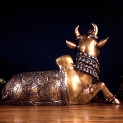 Brassaura™ Pure Brass Nandi Statue with Vasuki Naga | Handcrafted Traditional Sculpture | Weight 17.53 Kgs | Height 17.5 Inches