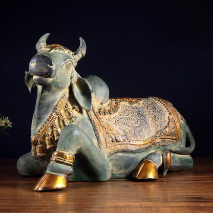 Brassaura™ Pure Brass Handcrafted Nandi Idol with Vintage Green Patina | Majestic Traditional Sculpture | Weight 20 Kgs | Height 14.5 Inches