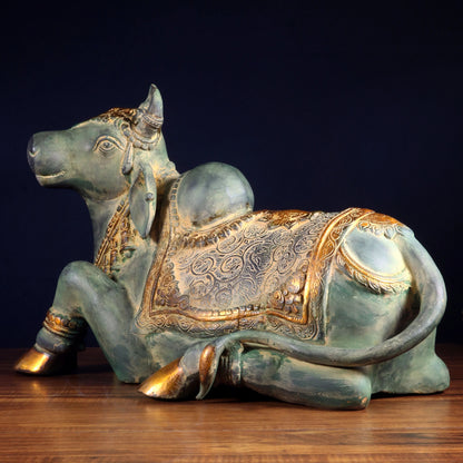 Brassaura™ Pure Brass Handcrafted Nandi Idol with Vintage Green Patina | Majestic Traditional Sculpture | Weight 20 Kgs | Height 14.5 Inches