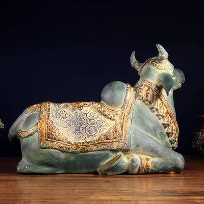 Brassaura™ Pure Brass Handcrafted Nandi Idol with Vintage Green Patina | Majestic Traditional Sculpture | Weight 20 Kgs | Height 14.5 Inches