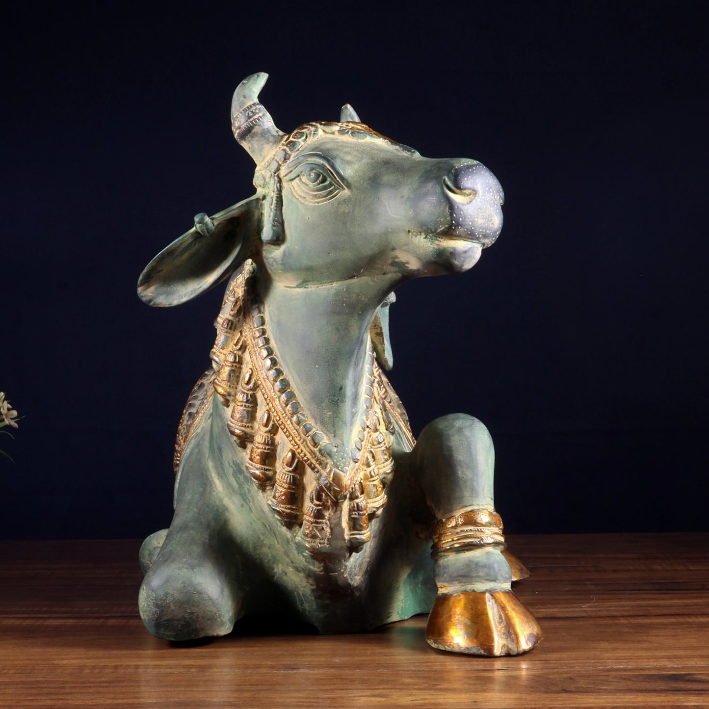 Brassaura™ Pure Brass Handcrafted Nandi Idol with Vintage Green Patina | Majestic Traditional Sculpture | Weight 20 Kgs | Height 14.5 Inches
