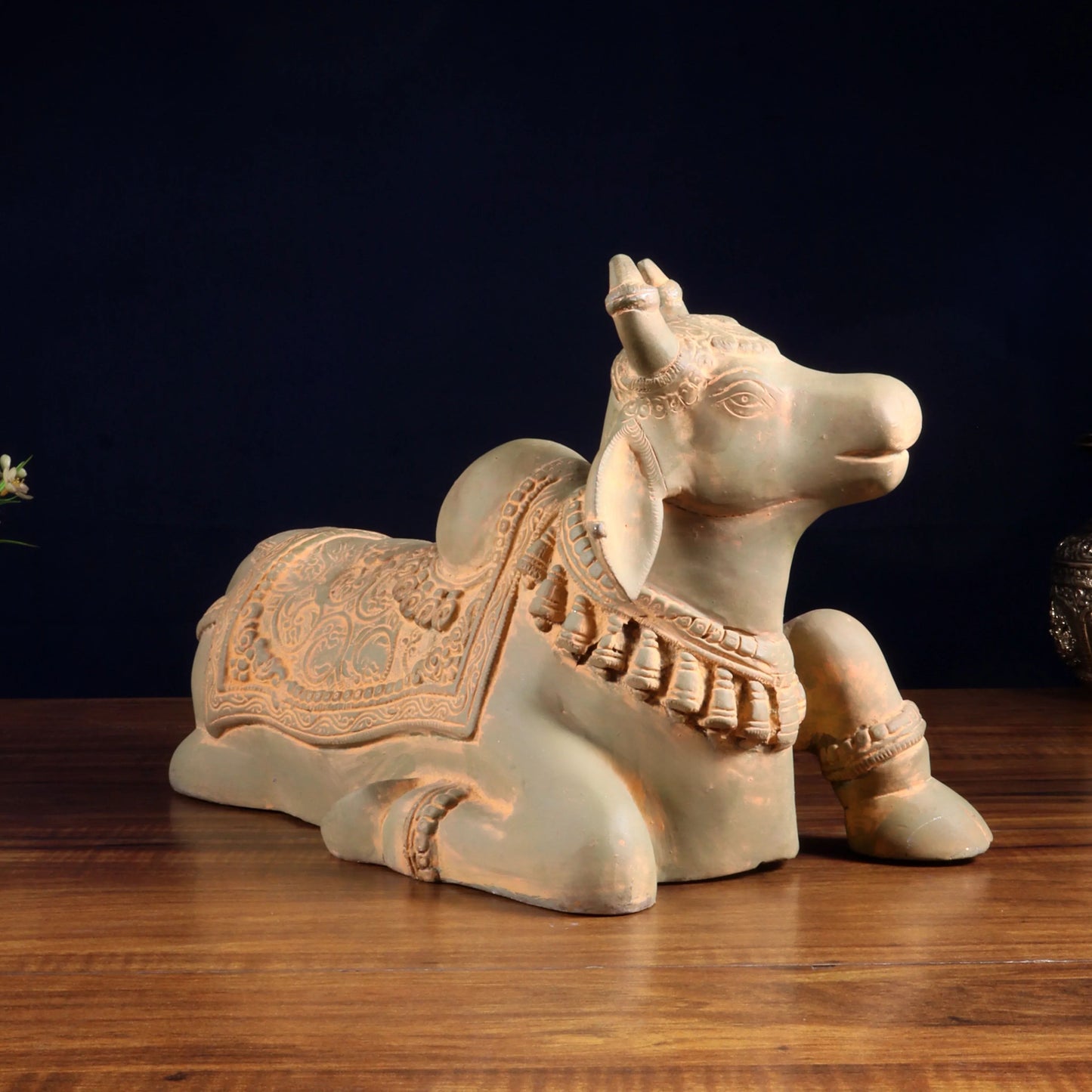 Brassaura™ Brass Nandi Statue with Vintage Green Sand Tone | Handcrafted Sacred Décor | Weight 9 Kgs | Width 15 Inches