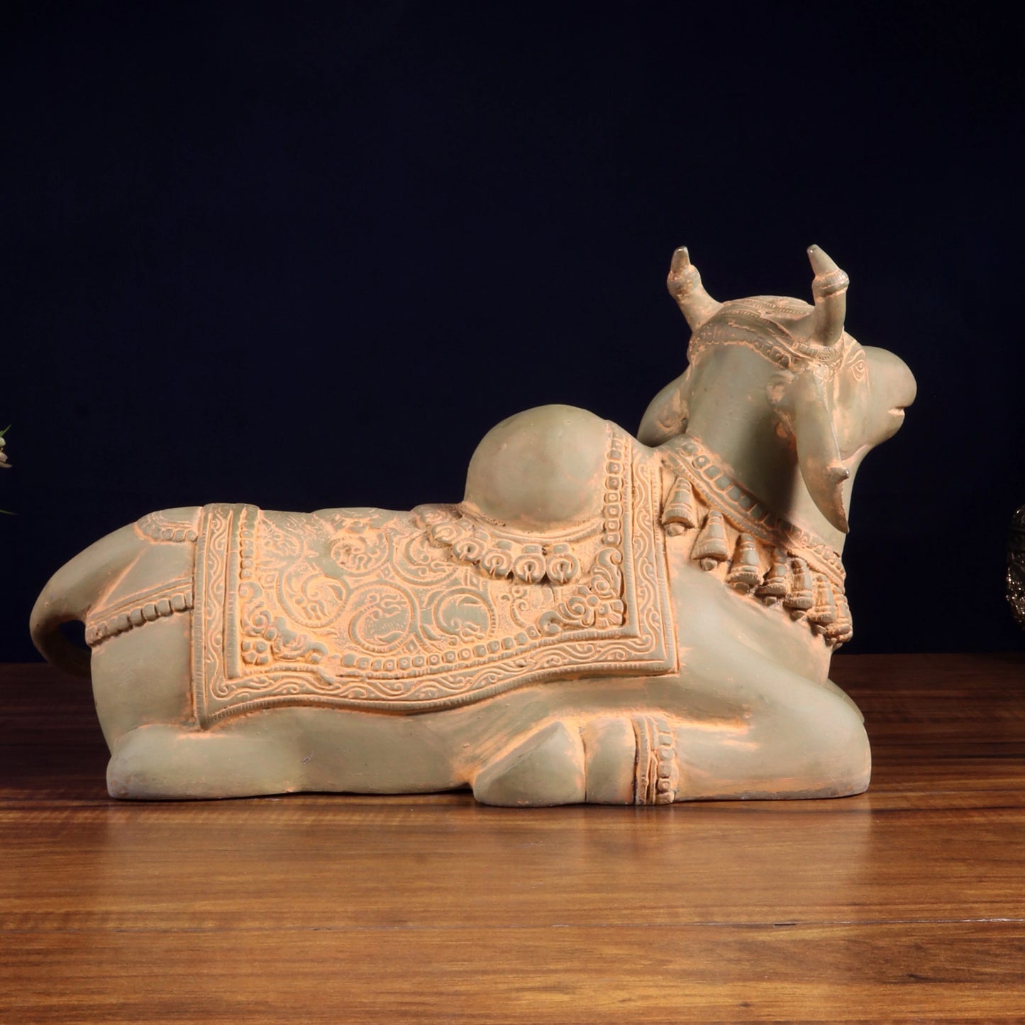 Brassaura™ Brass Nandi Statue with Vintage Green Sand Tone | Handcrafted Sacred Décor | Weight 9 Kgs | Width 15 Inches