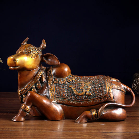 Brassaura® Handcrafted Brass Nandi Statue with Om & Swastik Symbols | Traditional Spiritual Décor | Weight 7 Kgs | Height 7.5 Inches