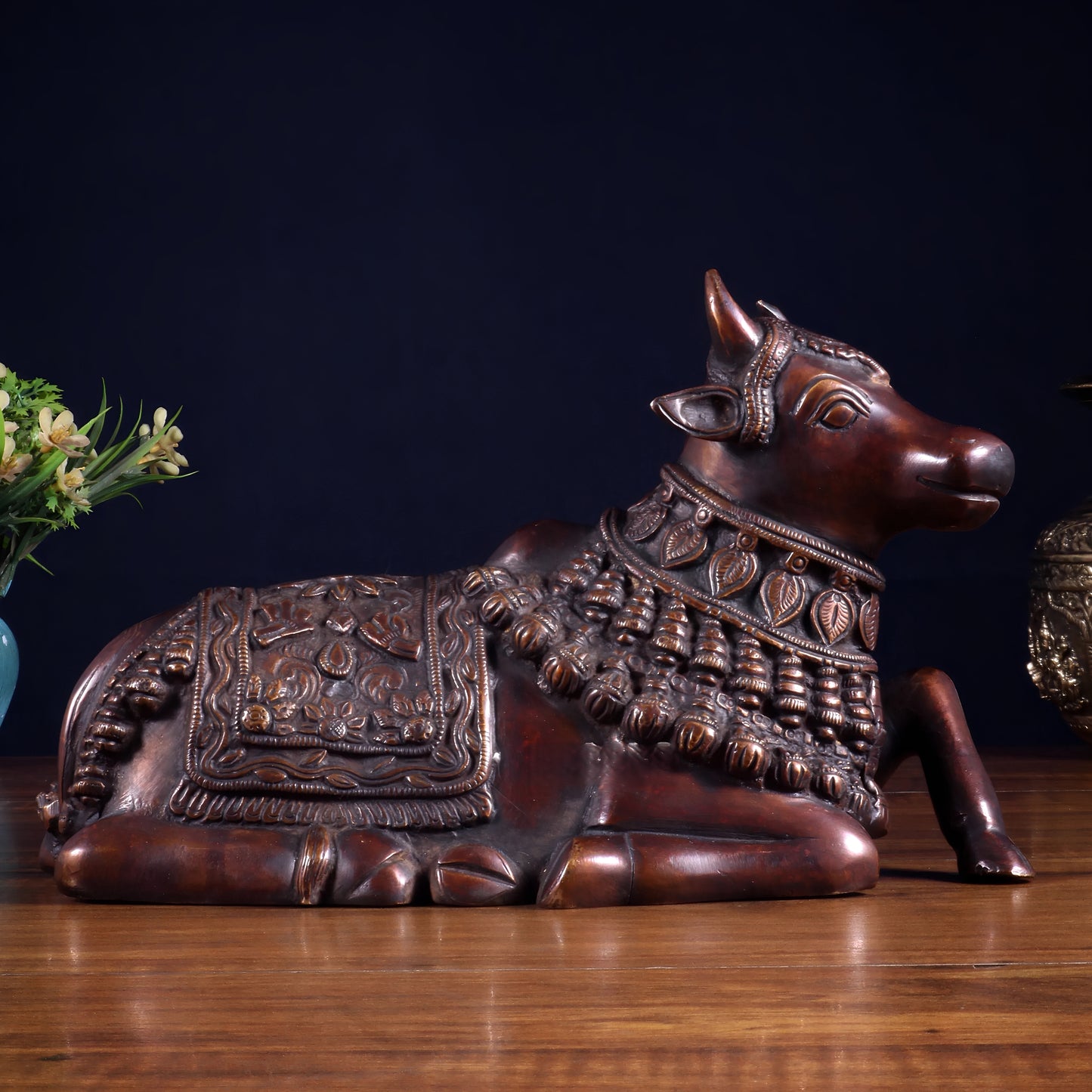 Brassaura™ Pure Brass Engraved Nandi Statue with Dark Brown Tone | Handcrafted Spiritual Décor | Weight 2.8 Kgs | Width 10 Inches