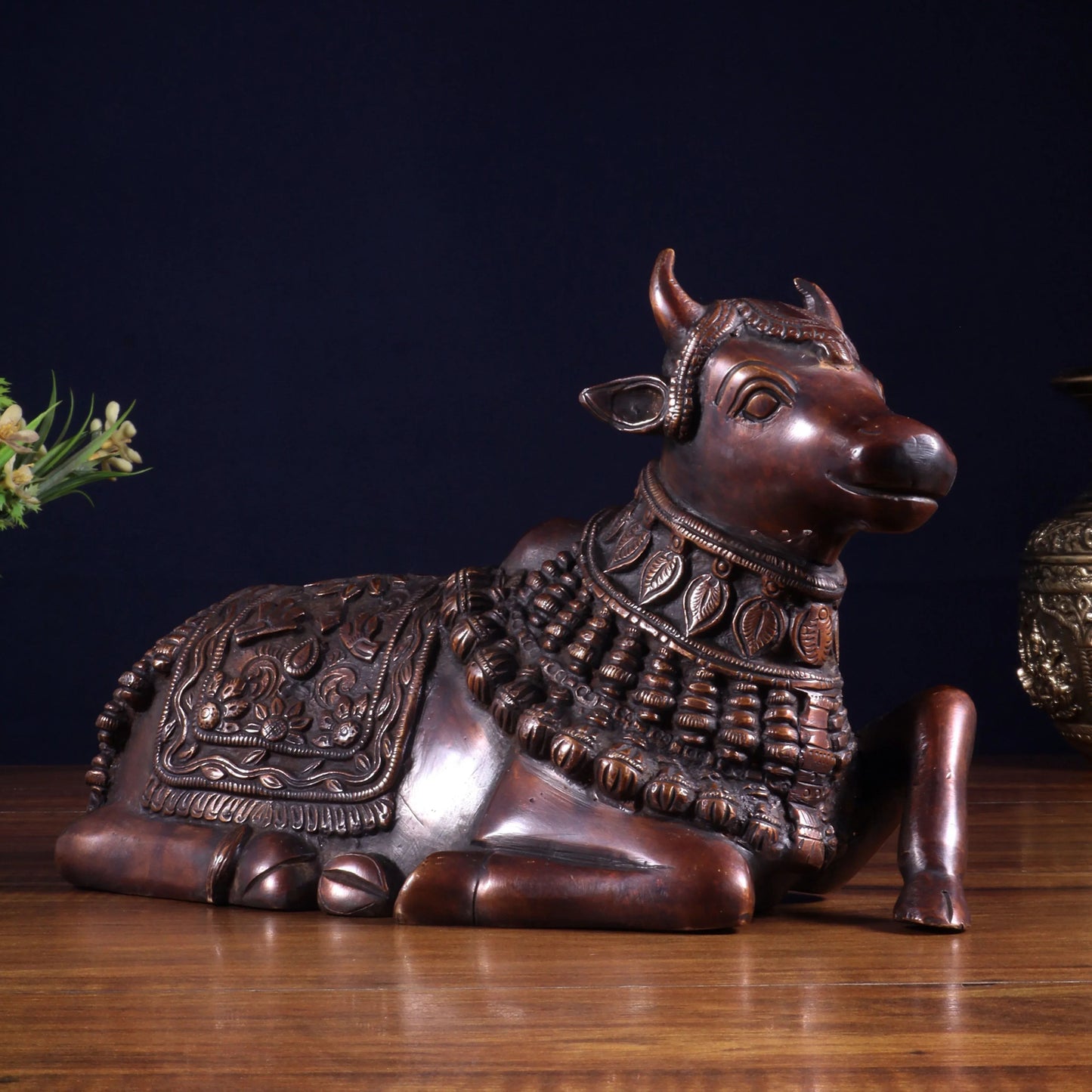 Brassaura™ Pure Brass Engraved Nandi Statue with Dark Brown Tone | Handcrafted Spiritual Décor | Weight 2.8 Kgs | Width 10 Inches