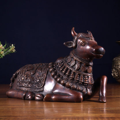 Brassaura™ Pure Brass Engraved Nandi Statue with Dark Brown Tone | Handcrafted Spiritual Décor | Weight 2.8 Kgs | Width 10 Inches