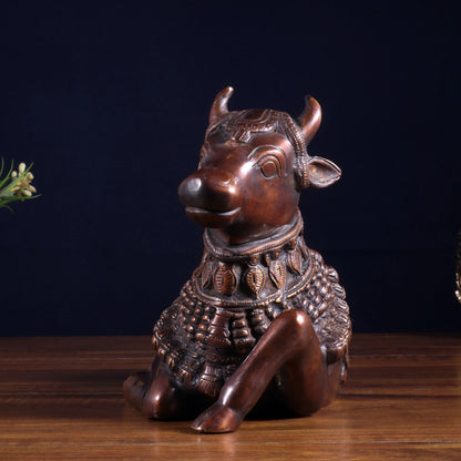 Brassaura™ Pure Brass Engraved Nandi Statue with Dark Brown Tone | Handcrafted Spiritual Décor | Weight 2.8 Kgs | Width 10 Inches