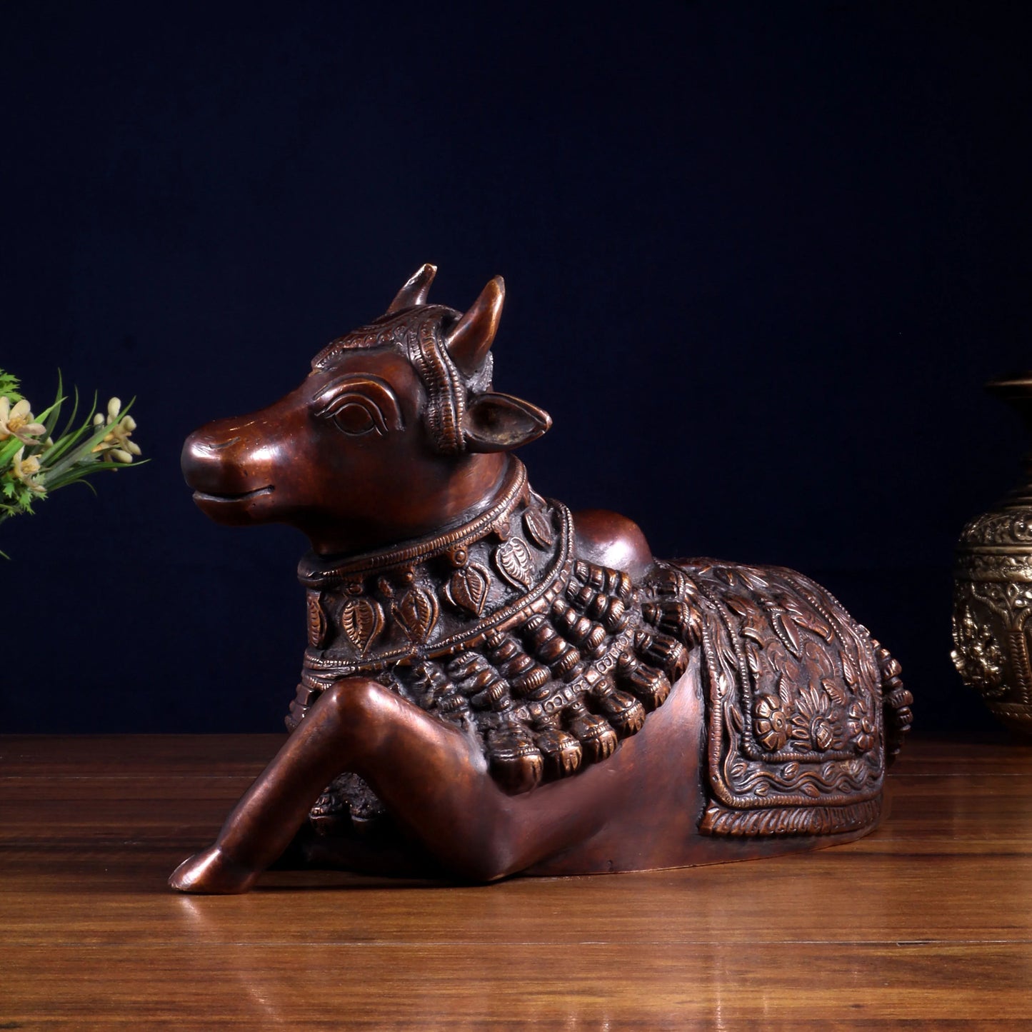 Brassaura™ Pure Brass Engraved Nandi Statue with Dark Brown Tone | Handcrafted Spiritual Décor | Weight 2.8 Kgs | Width 10 Inches