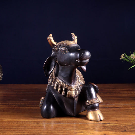 Brassaura™ Brass Nandi Statue in Black Tone | Handcrafted Sacred Décor | Weight 9 Kgs | Width 15 Inches