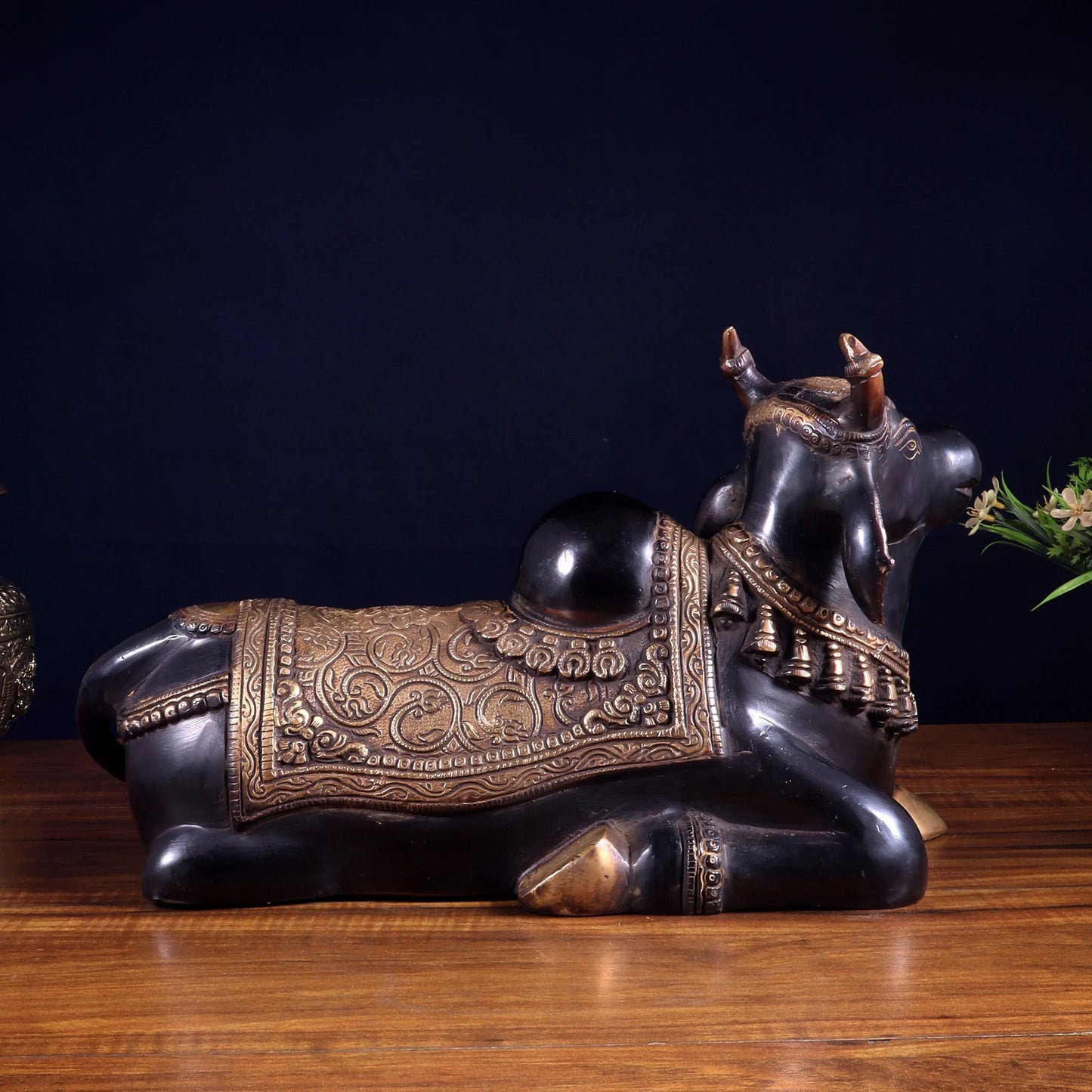 Brassaura™ Brass Nandi Statue in Black Tone | Handcrafted Sacred Décor | Weight 9 Kgs | Width 15 Inches