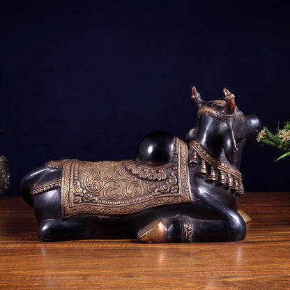 Brassaura™ Brass Nandi Statue in Black Tone | Handcrafted Sacred Décor | Weight 9 Kgs | Width 15 Inches