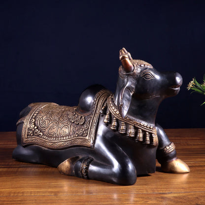 Brassaura™ Brass Nandi Statue in Black Tone | Handcrafted Sacred Décor | Weight 9 Kgs | Width 15 Inches