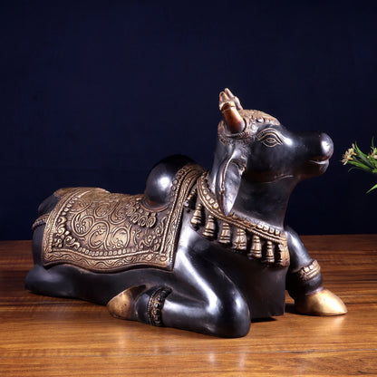 Brassaura™ Brass Nandi Statue in Black Tone | Handcrafted Sacred Décor | Weight 9 Kgs | Width 15 Inches