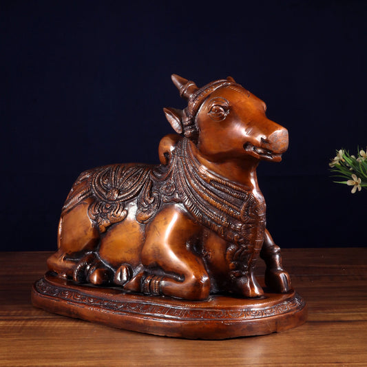 Brassaura™ Pure Brass Nandi Idol with Vintage Chola Brown Finish | Handcrafted South Indian Temple Art | Weight 7 Kgs | Height 9.5 Inches