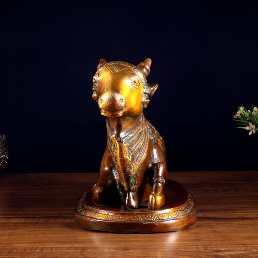 Brassaura™ Pure Brass Nandi Idol with Vintage Chola Brown Finish | Handcrafted South Indian Temple Art | Weight 7 Kgs | Height 9.5 Inches