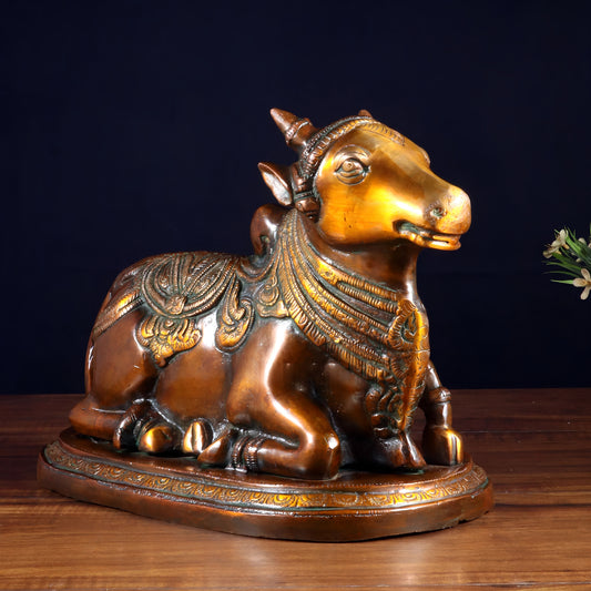 Brassaura® Pure Brass Nandi Idol with Vintage Chola Brown Finish | Handcrafted South Indian Temple Art | Weight 7 Kgs | Height 9.5 Inches