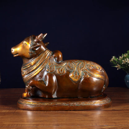 Brassaura™ Pure Brass Nandi Idol with Vintage Chola Brown Finish | Handcrafted South Indian Temple Art | Weight 7 Kgs | Height 9.5 Inches