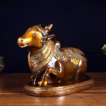 Brassaura™ Pure Brass Nandi Idol with Vintage Chola Brown Finish | Handcrafted South Indian Temple Art | Weight 7 Kgs | Height 9.5 Inches