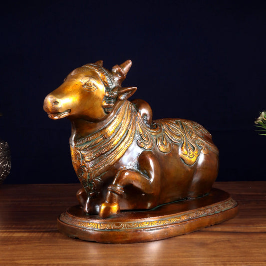 Brassaura® Pure Brass Nandi Idol with Vintage Chola Brown Finish | Handcrafted South Indian Temple Art | Weight 7 Kgs | Height 9.5 Inches