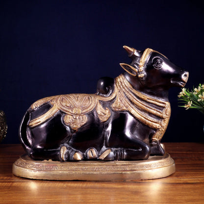 Brassaura™ Pure Brass Nandi Idol with Heat-Treated Black Finish | Handcrafted South Indian Temple Art | Weight 7 Kgs | Height 9.5 Inches