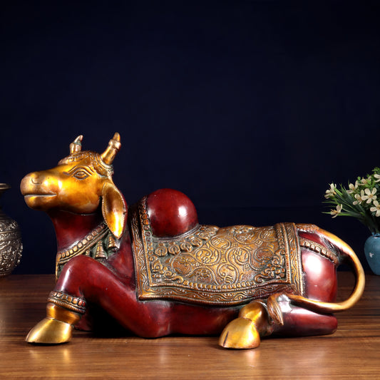 Brassaura® Brass Nandi Statue with Hoysala Red Tone | Handcrafted Sacred Décor | Weight 9 Kgs | Width 15 Inches