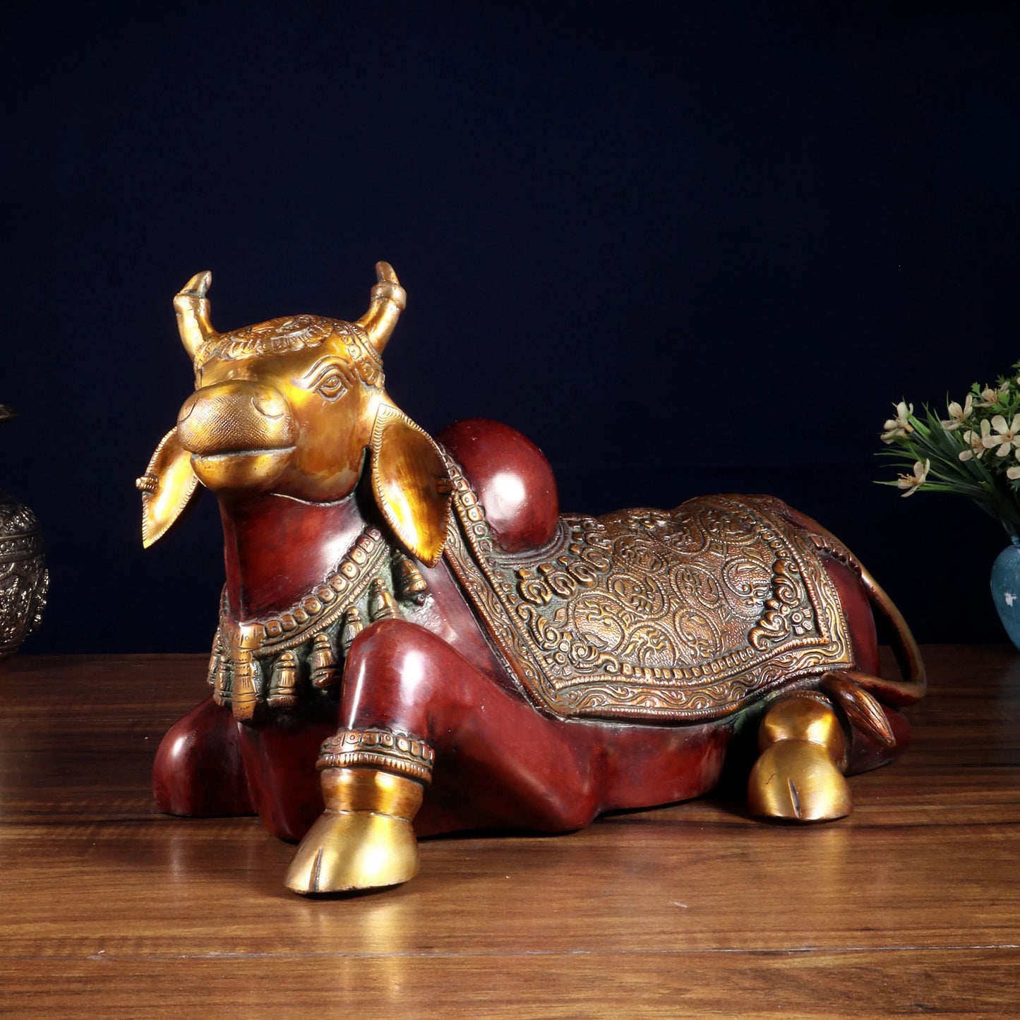 Brassaura™ Brass Nandi Statue with Hoysala Red Tone | Handcrafted Sacred Décor | Weight 9 Kgs | Width 15 Inches