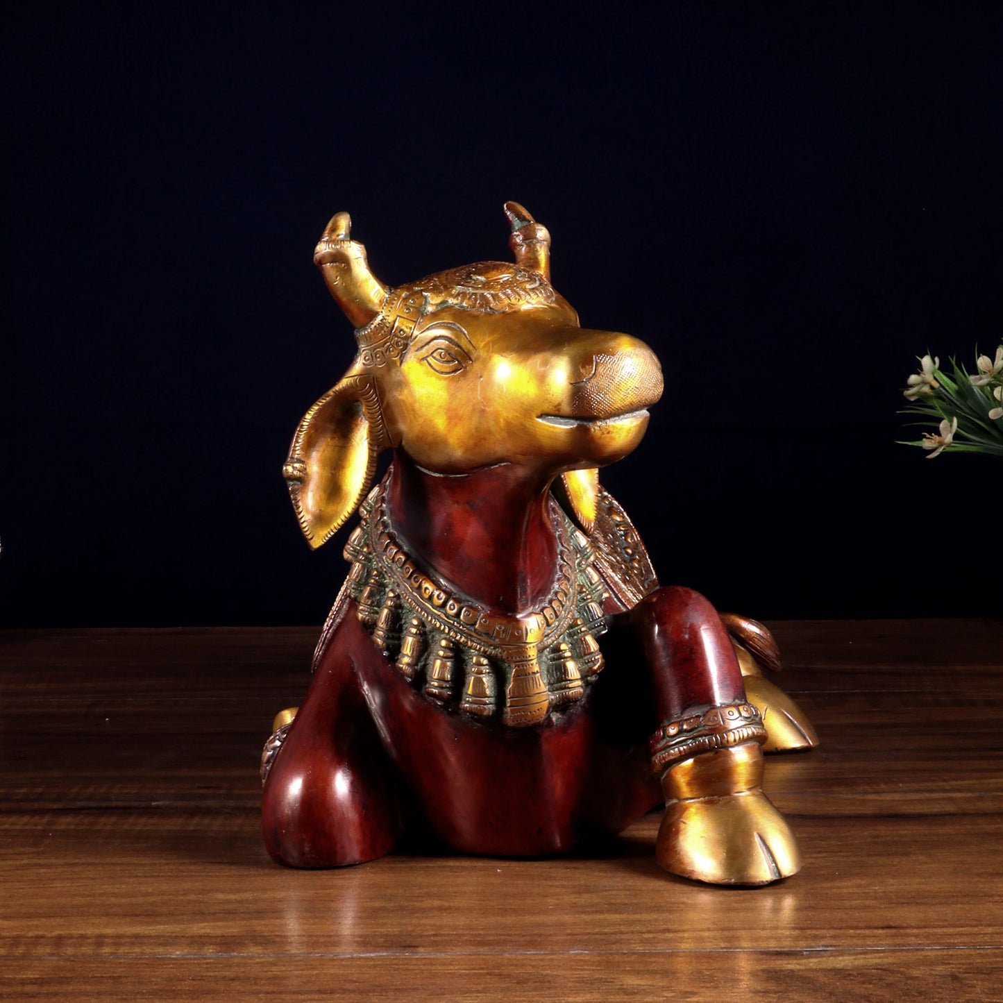 Brassaura™ Brass Nandi Statue with Hoysala Red Tone | Handcrafted Sacred Décor | Weight 9 Kgs | Width 15 Inches