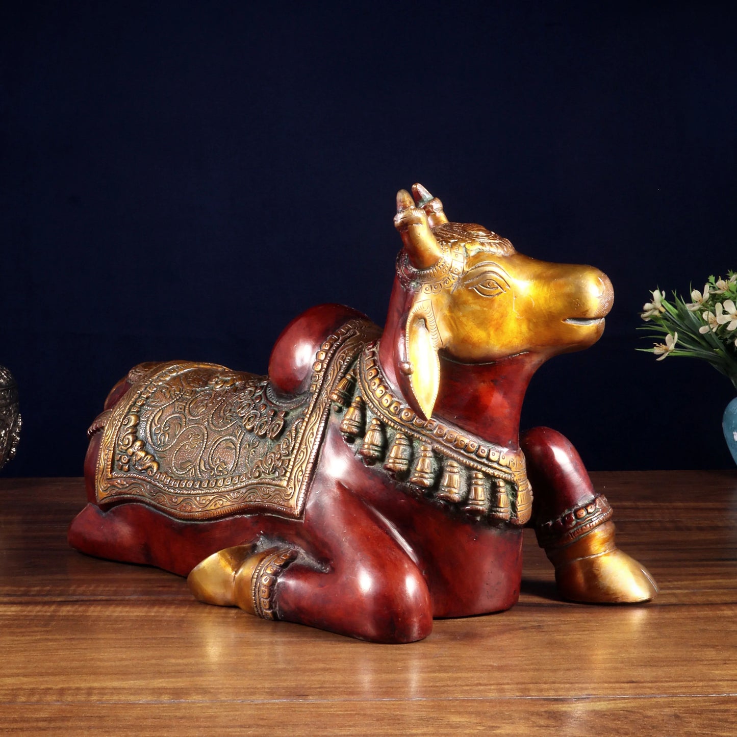 Brassaura™ Brass Nandi Statue with Hoysala Red Tone | Handcrafted Sacred Décor | Weight 9 Kgs | Width 15 Inches