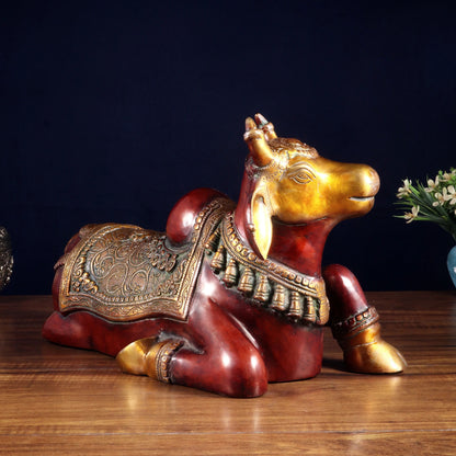 Brassaura™ Brass Nandi Statue with Hoysala Red Tone | Handcrafted Sacred Décor | Weight 9 Kgs | Width 15 Inches