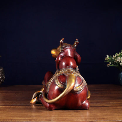 Brassaura™ Brass Nandi Statue with Hoysala Red Tone | Handcrafted Sacred Décor | Weight 9 Kgs | Width 15 Inches