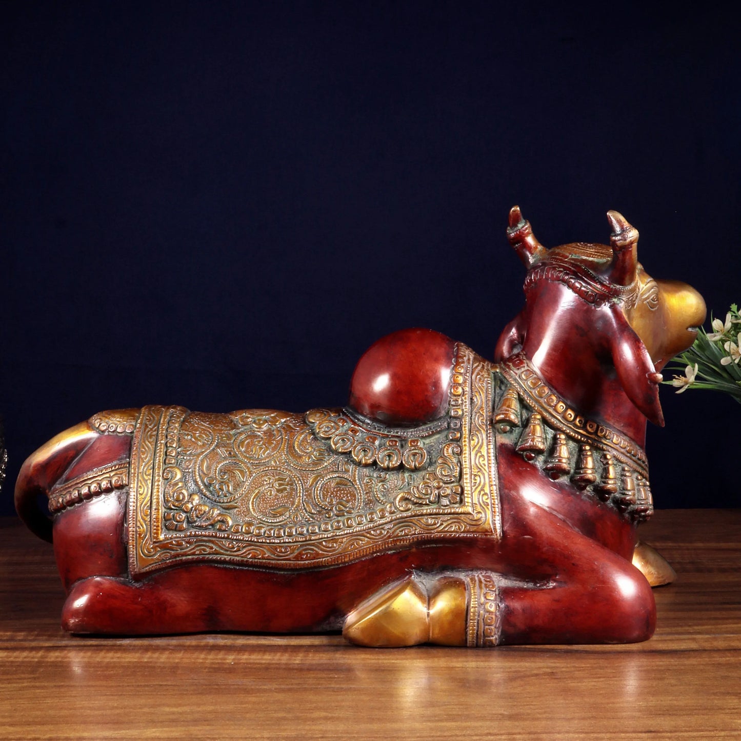Brassaura™ Brass Nandi Statue with Hoysala Red Tone | Handcrafted Sacred Décor | Weight 9 Kgs | Width 15 Inches