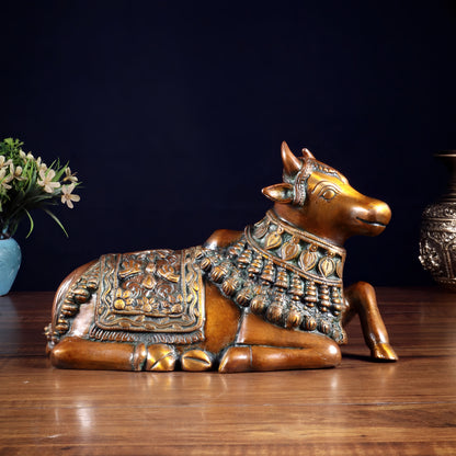 Brassaura™ Pure Brass Engraved Nandi Statue with Double Chola Tone | Handcrafted Spiritual Décor | Weight 2.8 Kgs | Width 10 Inches