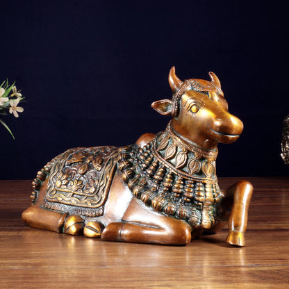 Brassaura™ Pure Brass Engraved Nandi Statue with Double Chola Tone | Handcrafted Spiritual Décor | Weight 2.8 Kgs | Width 10 Inches